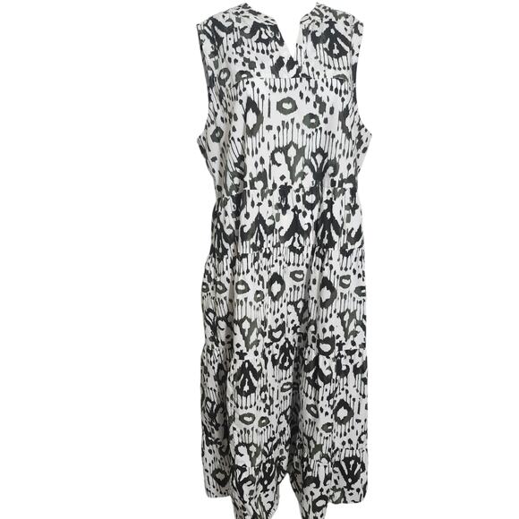 Chico's (16) Green & White Ikat Tiered V-Neck Maxi Dress W/ Pockets - Picture 1 of 9